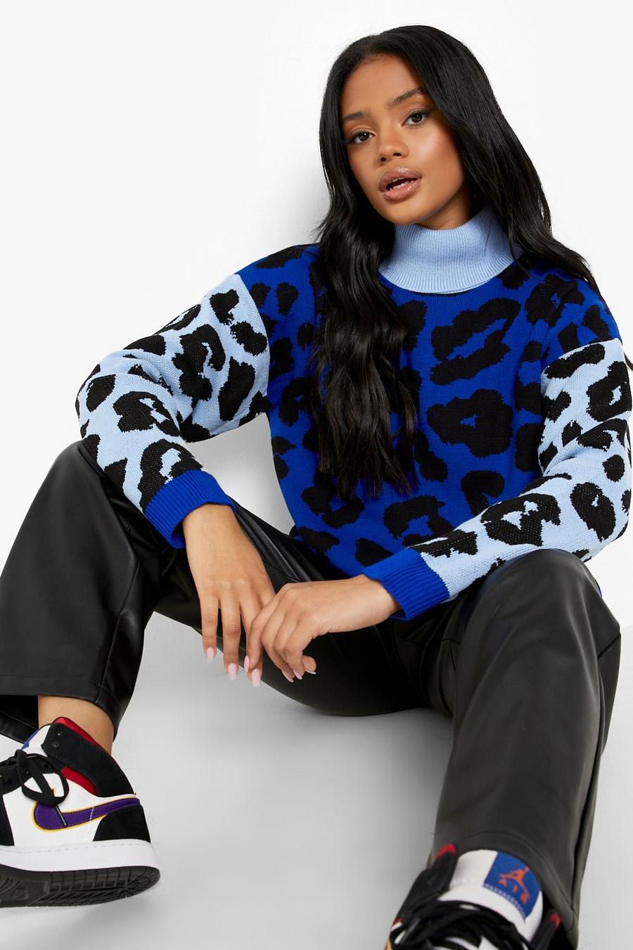 Blue Leopard Print Color Block Turtleneck Sweater image number 1