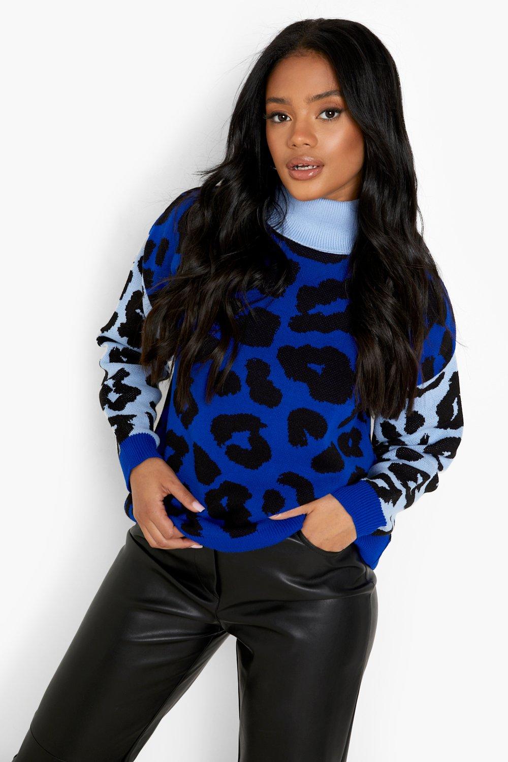 Leopard Print Color Block Turtleneck Sweater