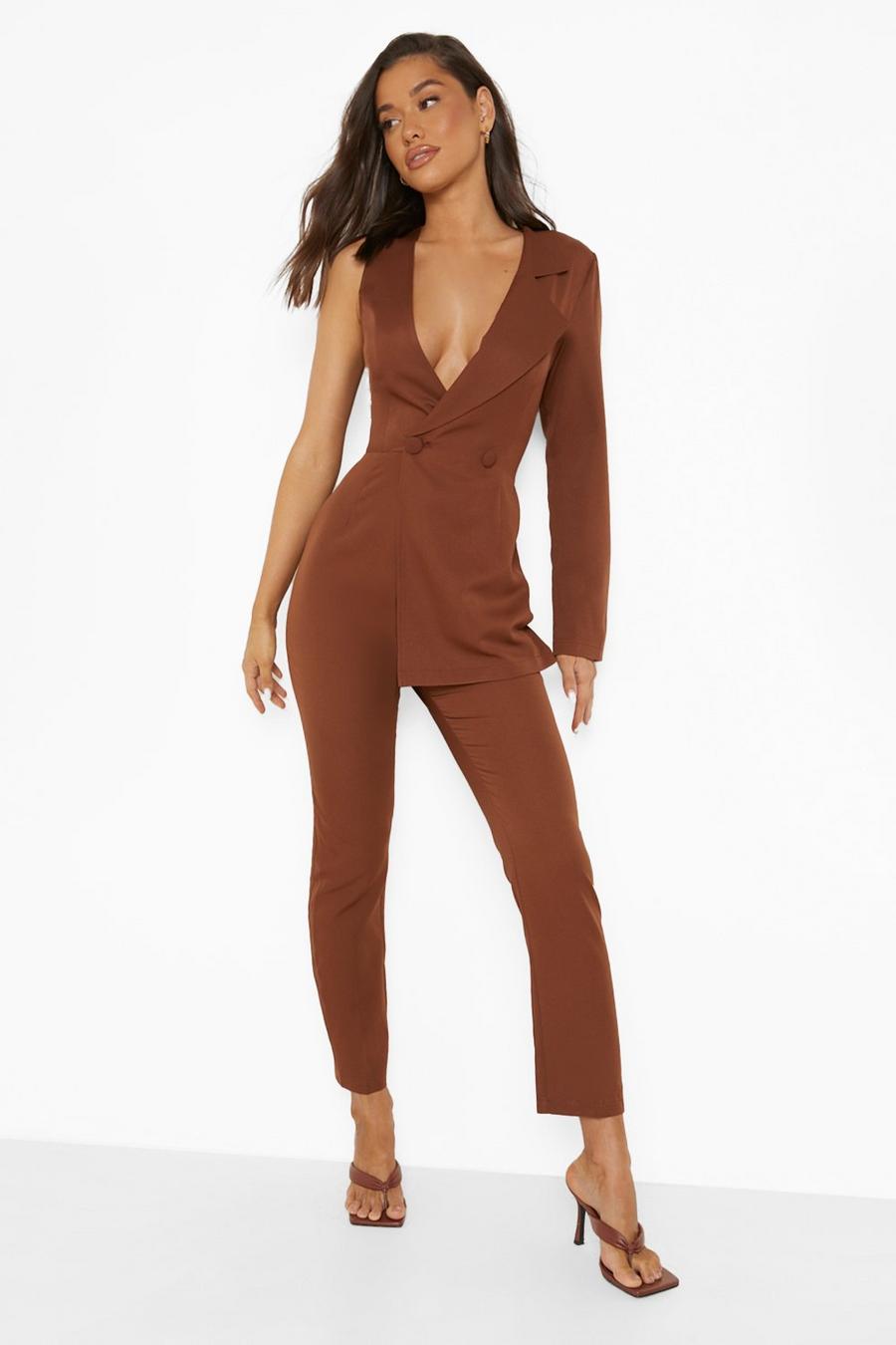 Chocolate marron Asymmetric Tailored Blazer Jumpsuit