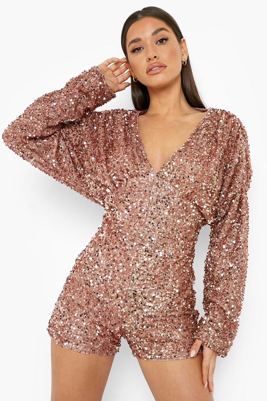 Rose pink Sequin Plunge Extreme Batwing Playsuit