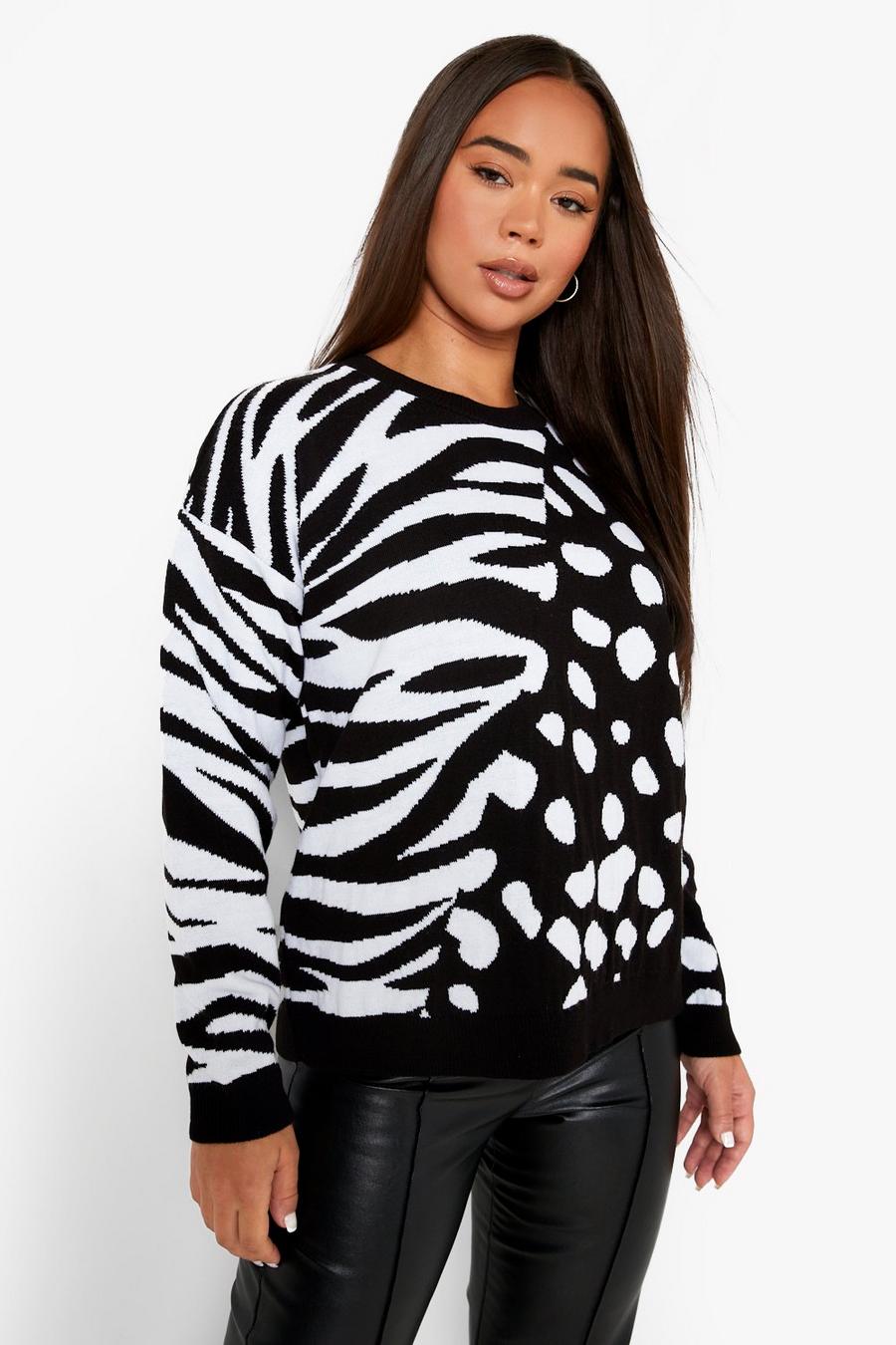 Black Color Block Spliced Animal Print Sweater image number 1