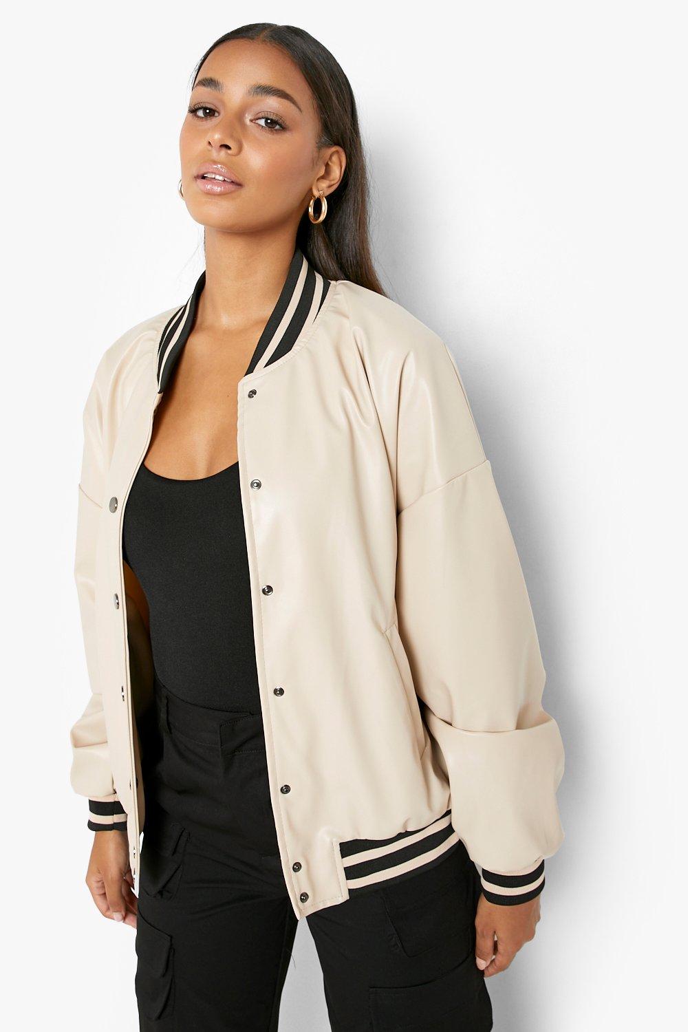 Faux Leather Varsity Bomber Jacket - Brown