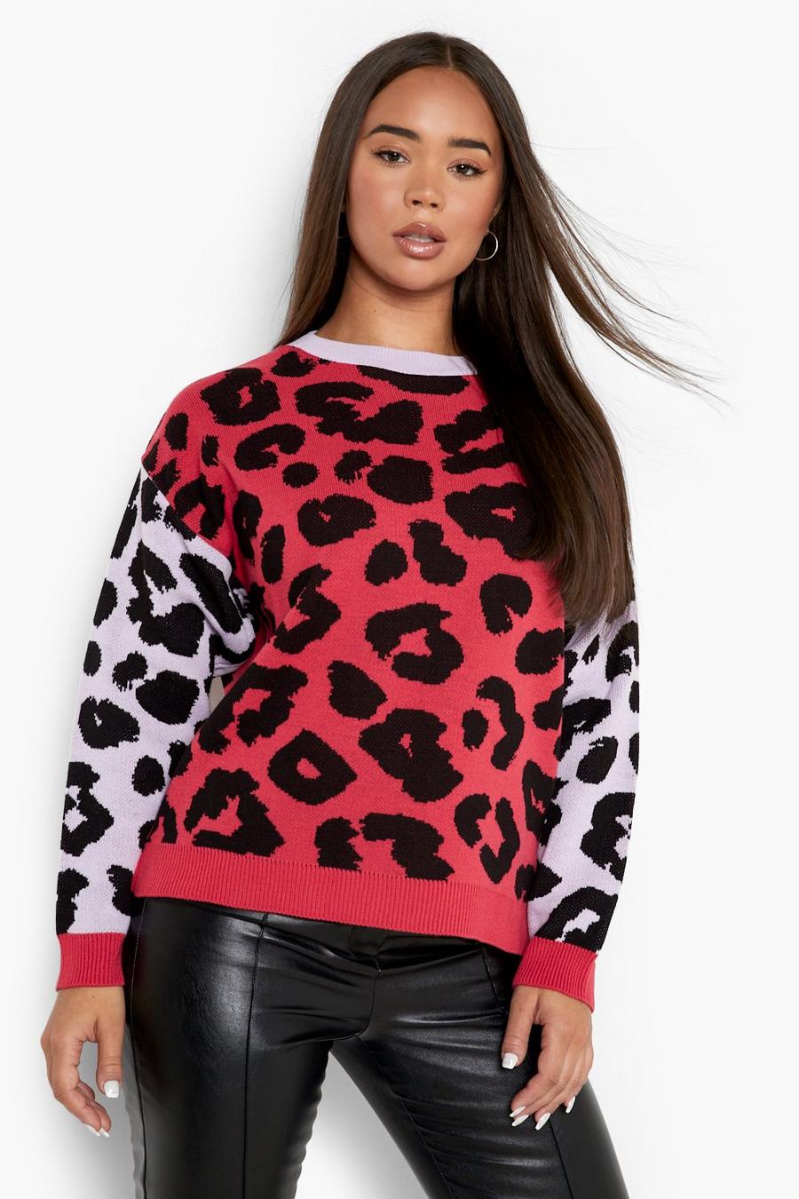 Colorblock Pullover mit Leopardenprint, Red image number 1