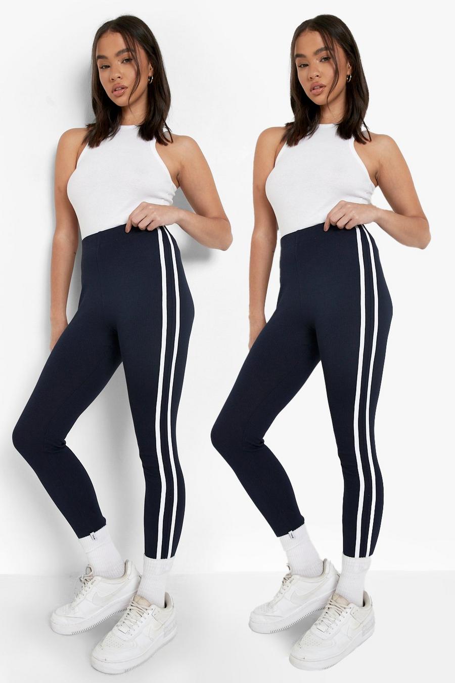 Navy Basics 2 Pack High Waisted Sports Stripe Jersey Knit Leggings image number 1
