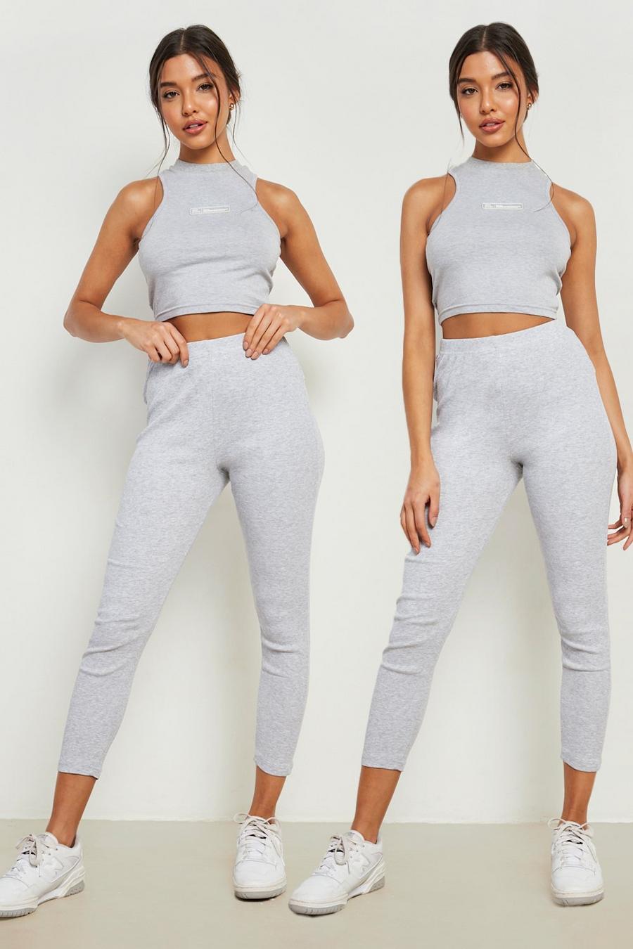 Grey marl Basics 2 Pack High Waisted Ribbed Cropped Leggings image number 1