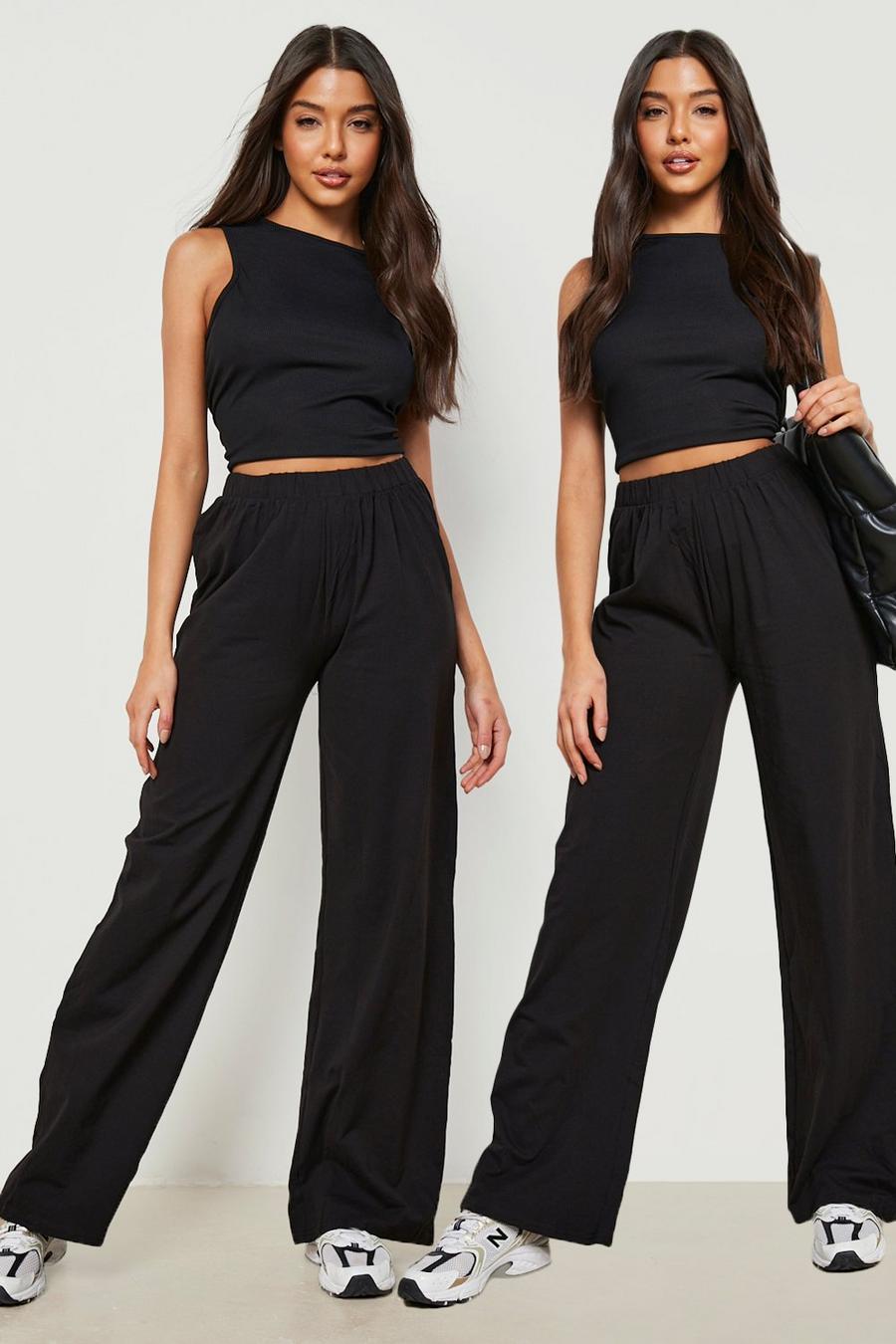 Black Basics 2 Pack High Waisted Jersey Wide Leg Trousers image number 1