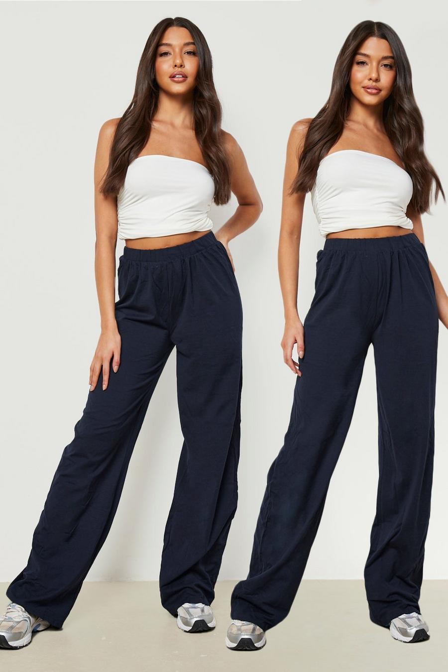 Navy Basics 2 Pack High Waisted Jersey Wide Leg Trousers image number 1