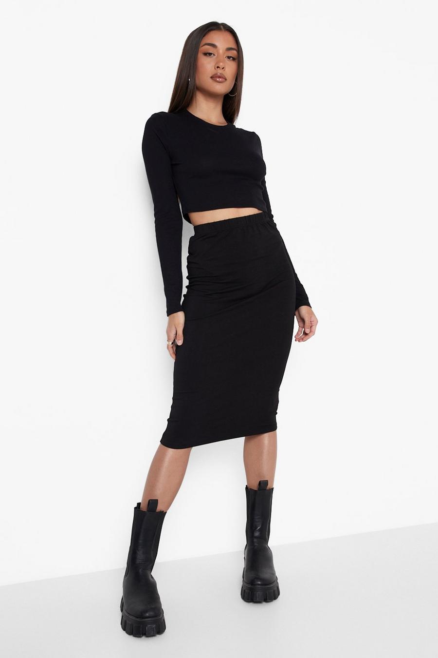 Black Basic Jersey Midi Skirt
