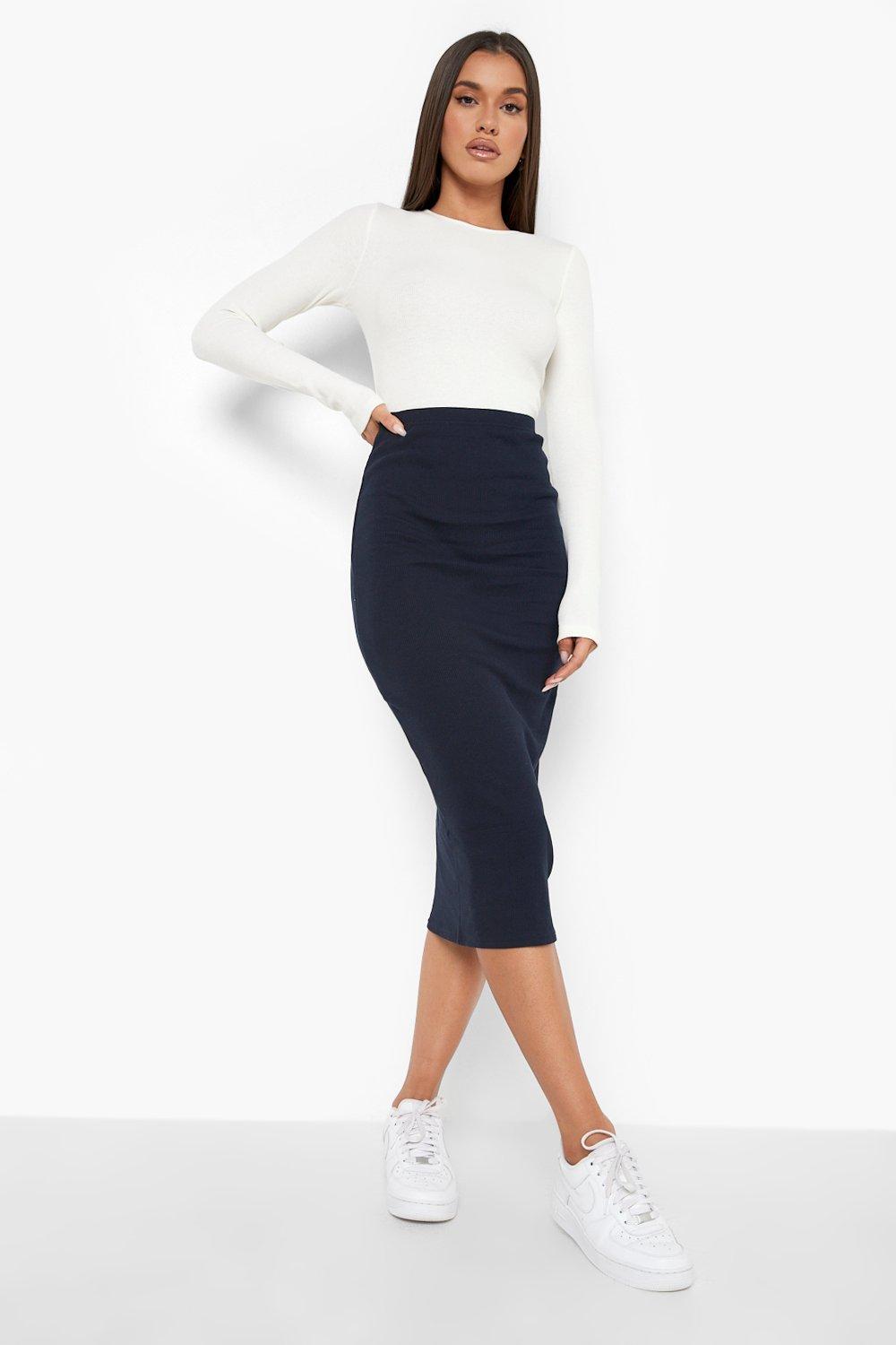 Basic Ribbed Midi Skirt | Boohoo