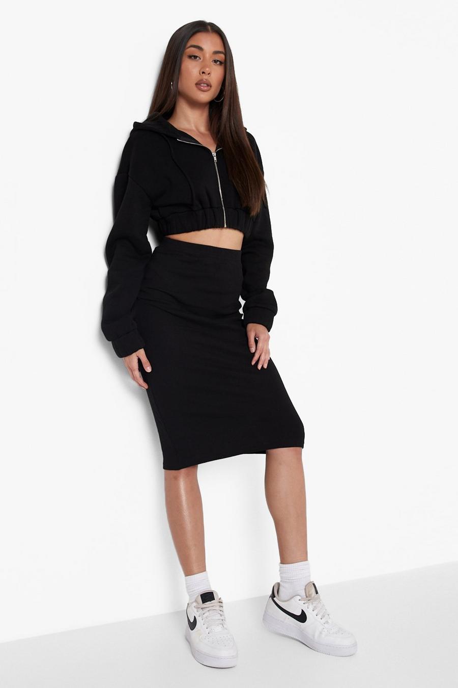 Black Basic Ribbed Midi Skirt image number 1