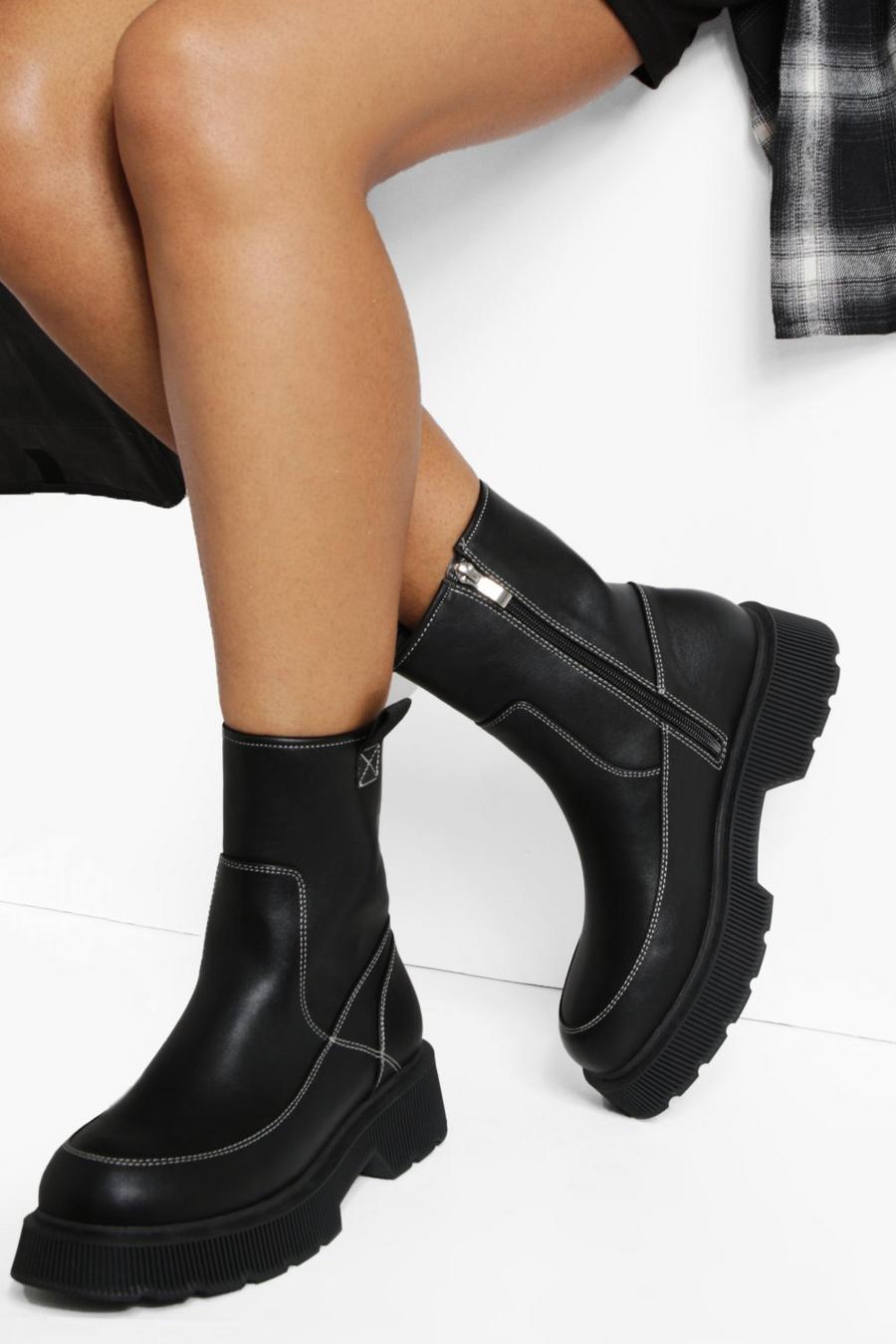 Black svart Contrast Stitch Chunky Boots