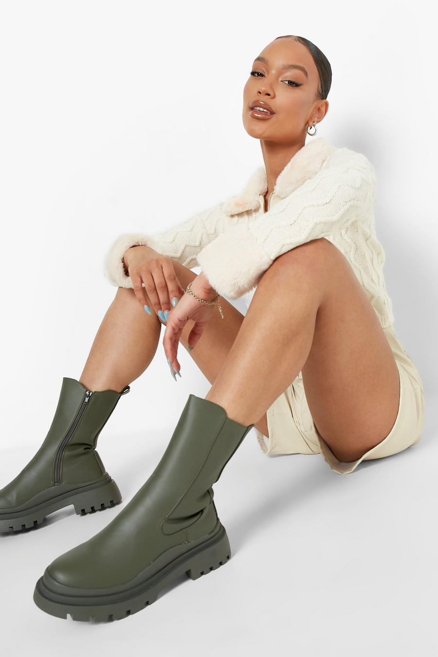 Khaki Chunky Sole Rubber Chelsea Boots image number 1