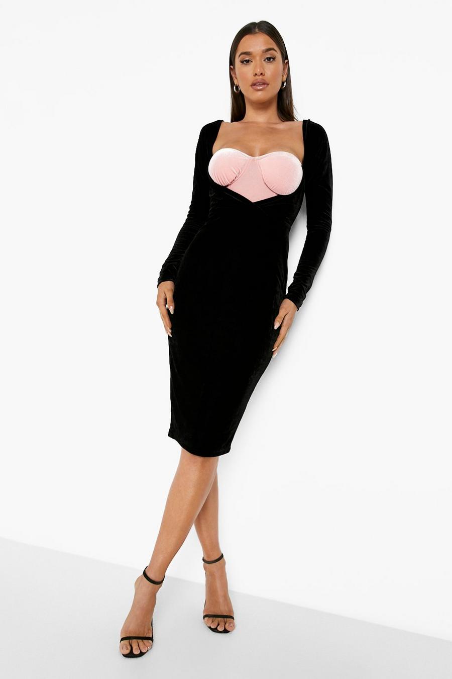 Black Contrast Velvet Bardot Midi Dress image number 1