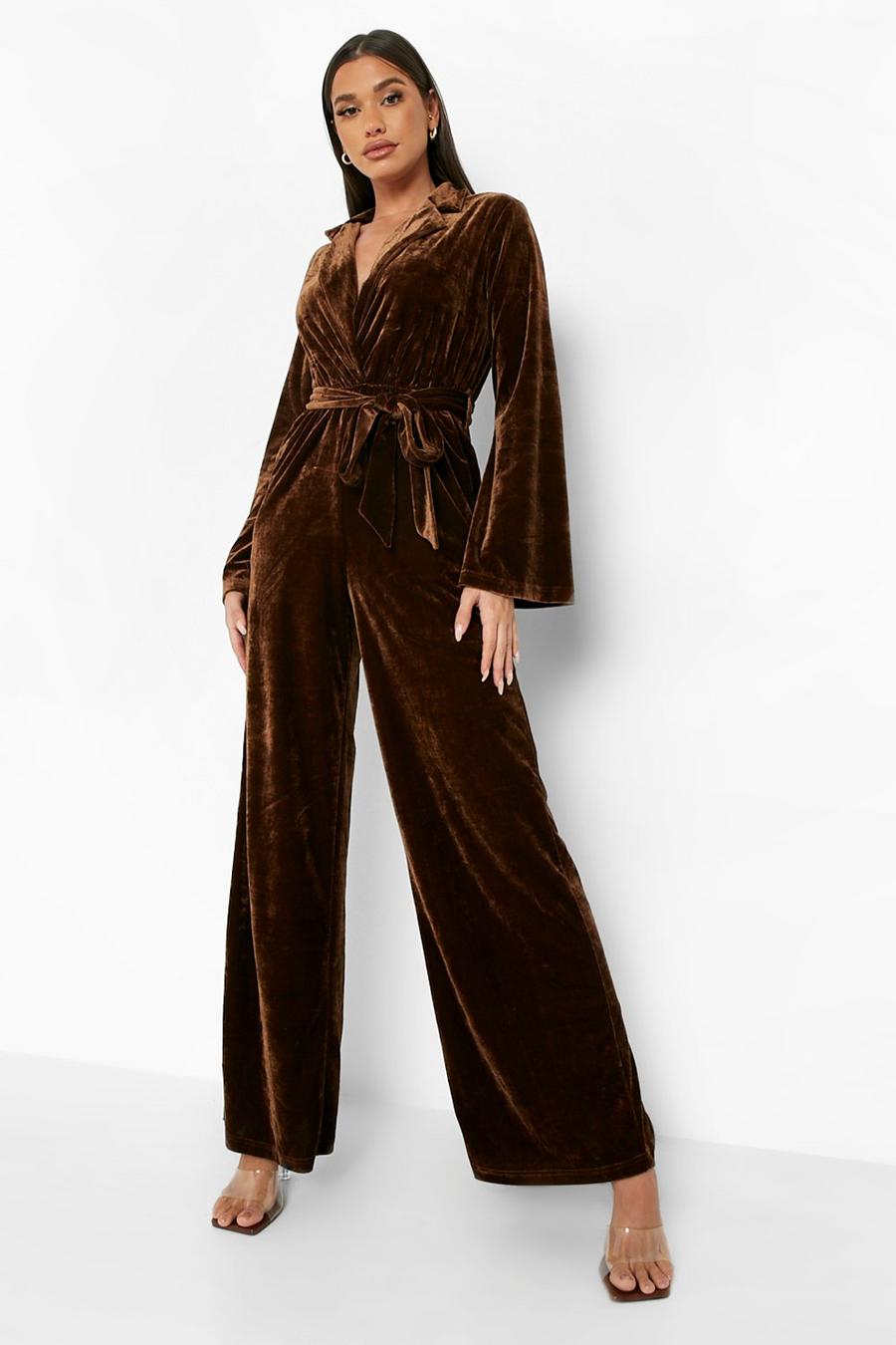 Chocolate Velvet Belted Tailored Wide Leg Jumpsuit image number 1