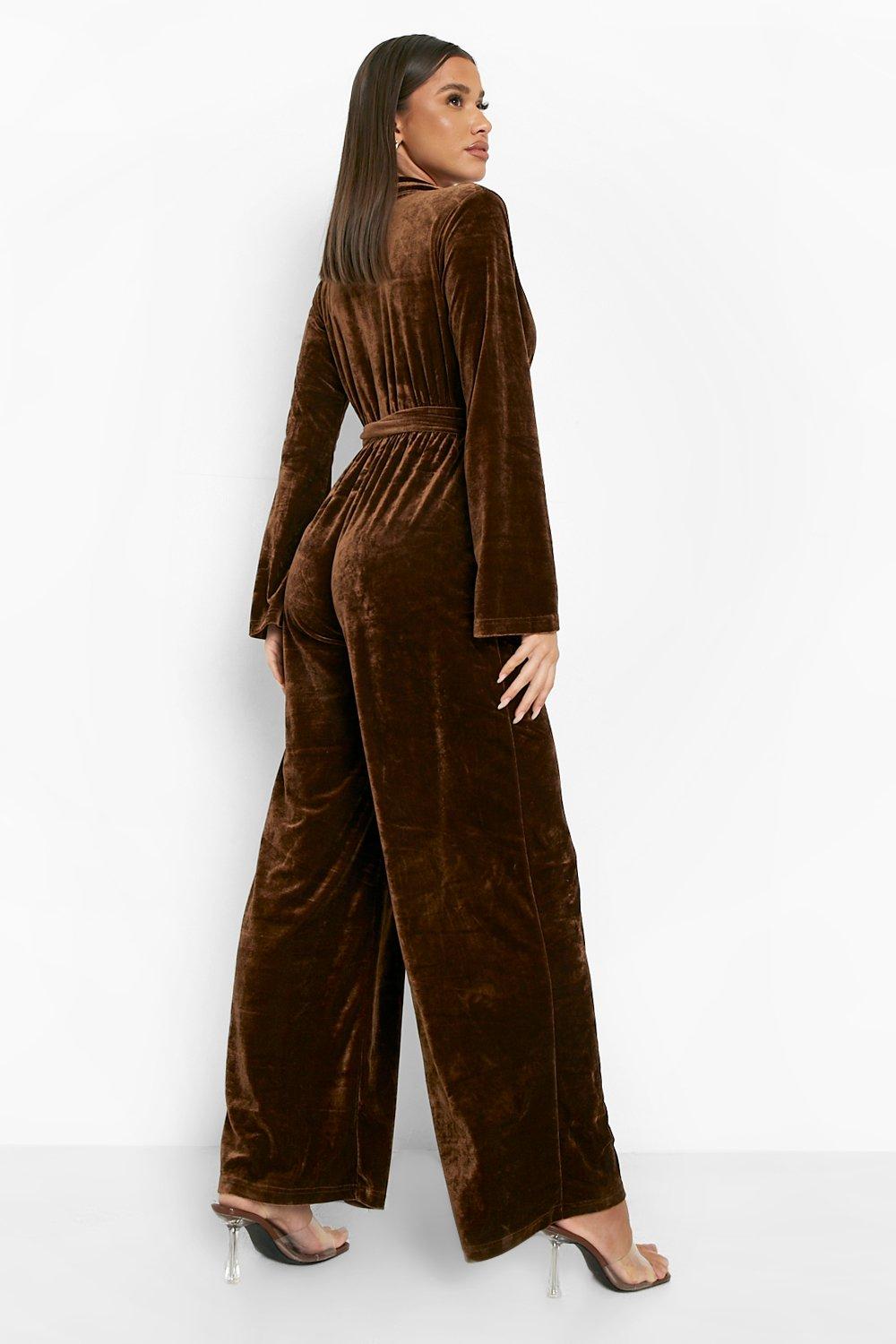 Brown Velvet Tailored Wide Leg Pants