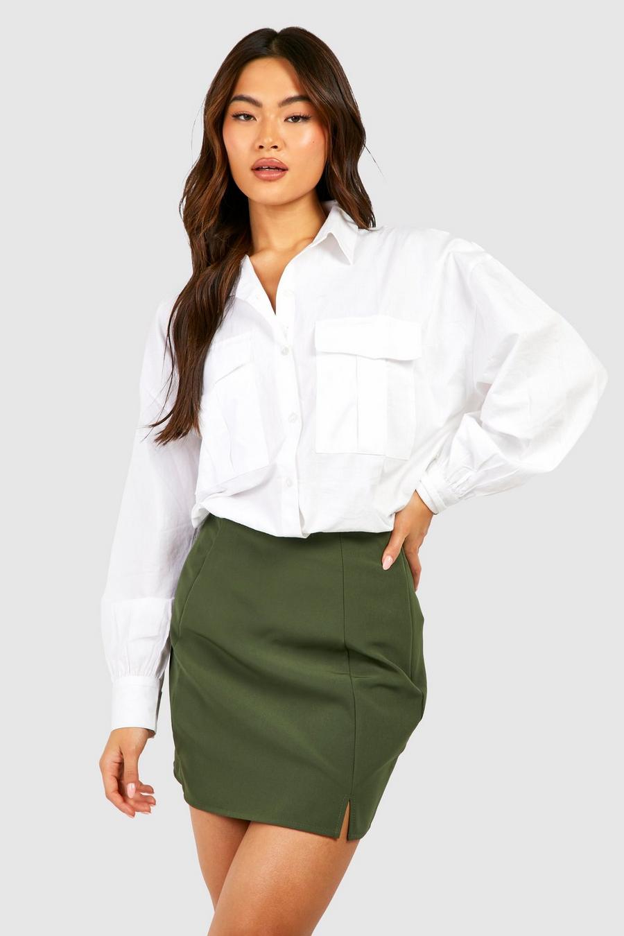 Khaki Double Split Front Woven Mini Skirt image number 1