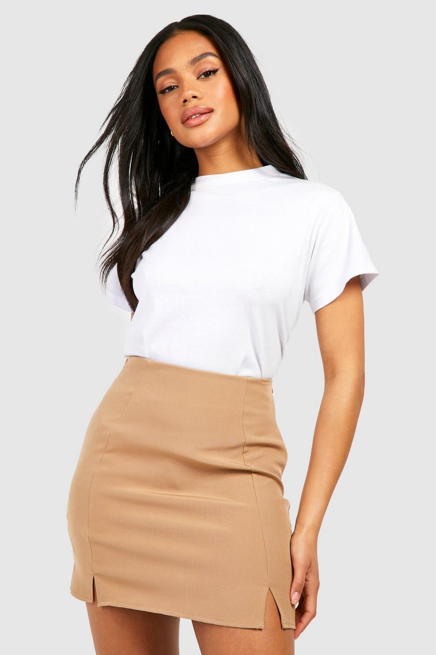 Mocha beige Double Split Front Woven Mini Skirt