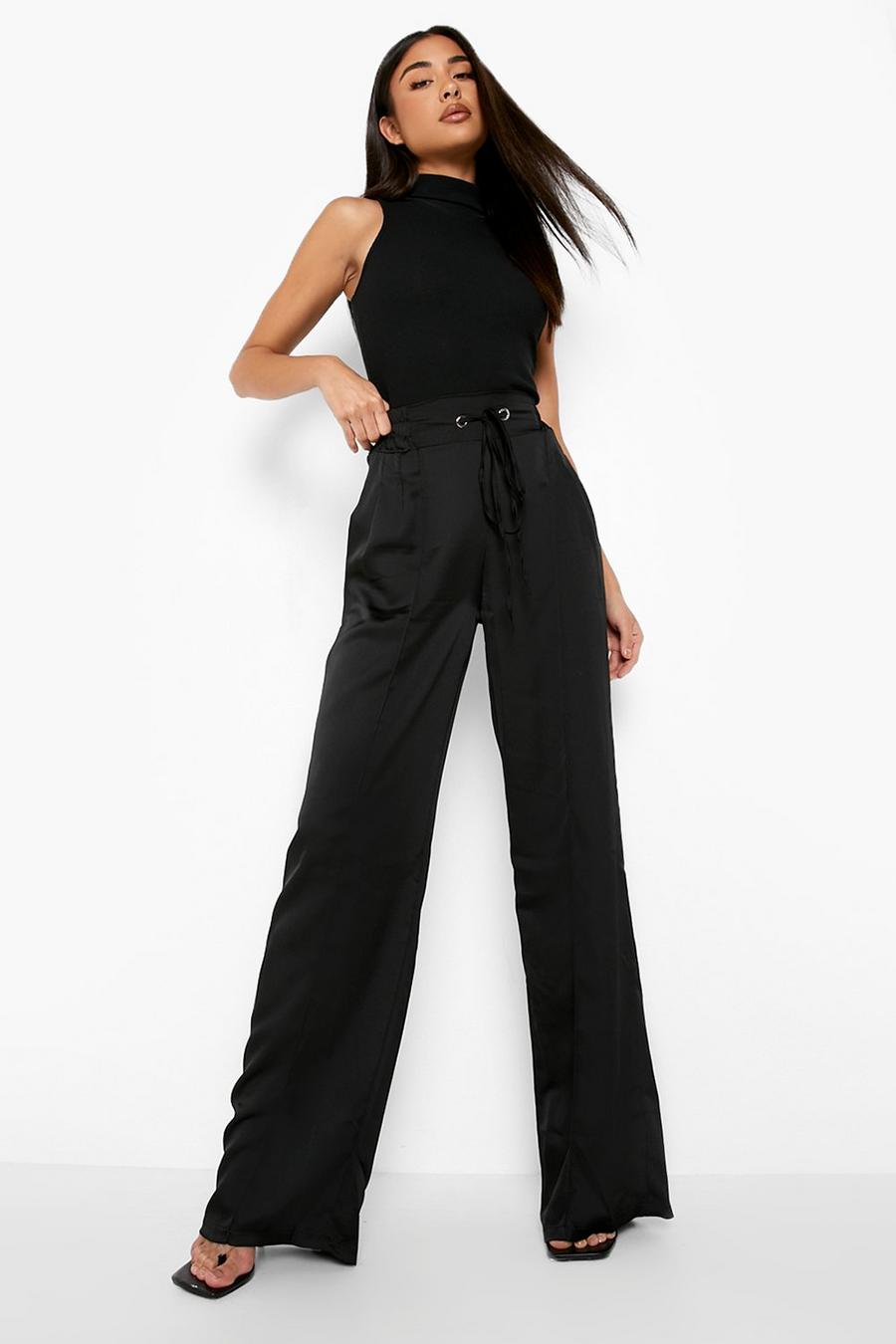 Black Satin Drawstring Wide Leg Luxe Joggers image number 1