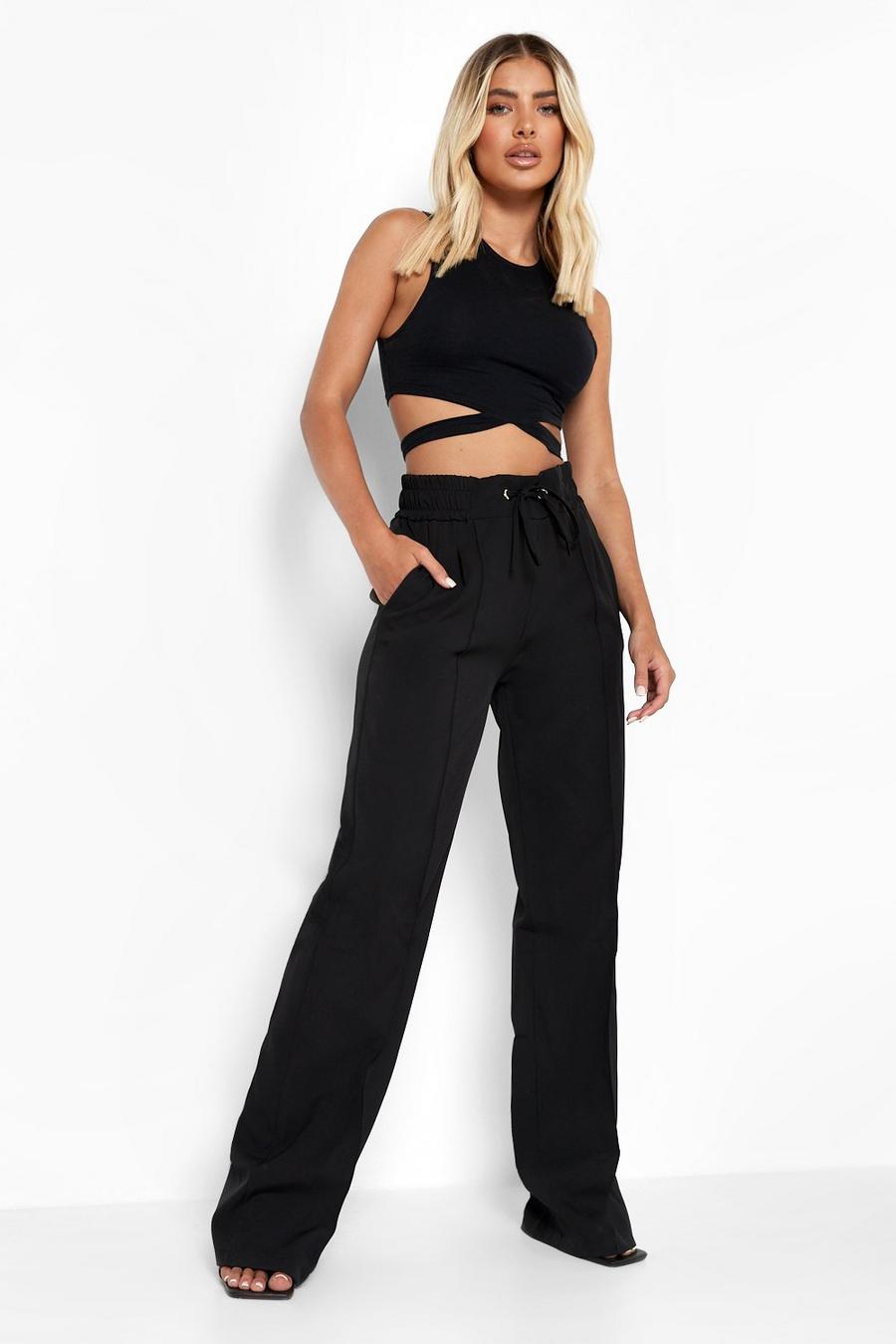 Black Luxe Drawstring Woven Wide Leg Joggers image number 1