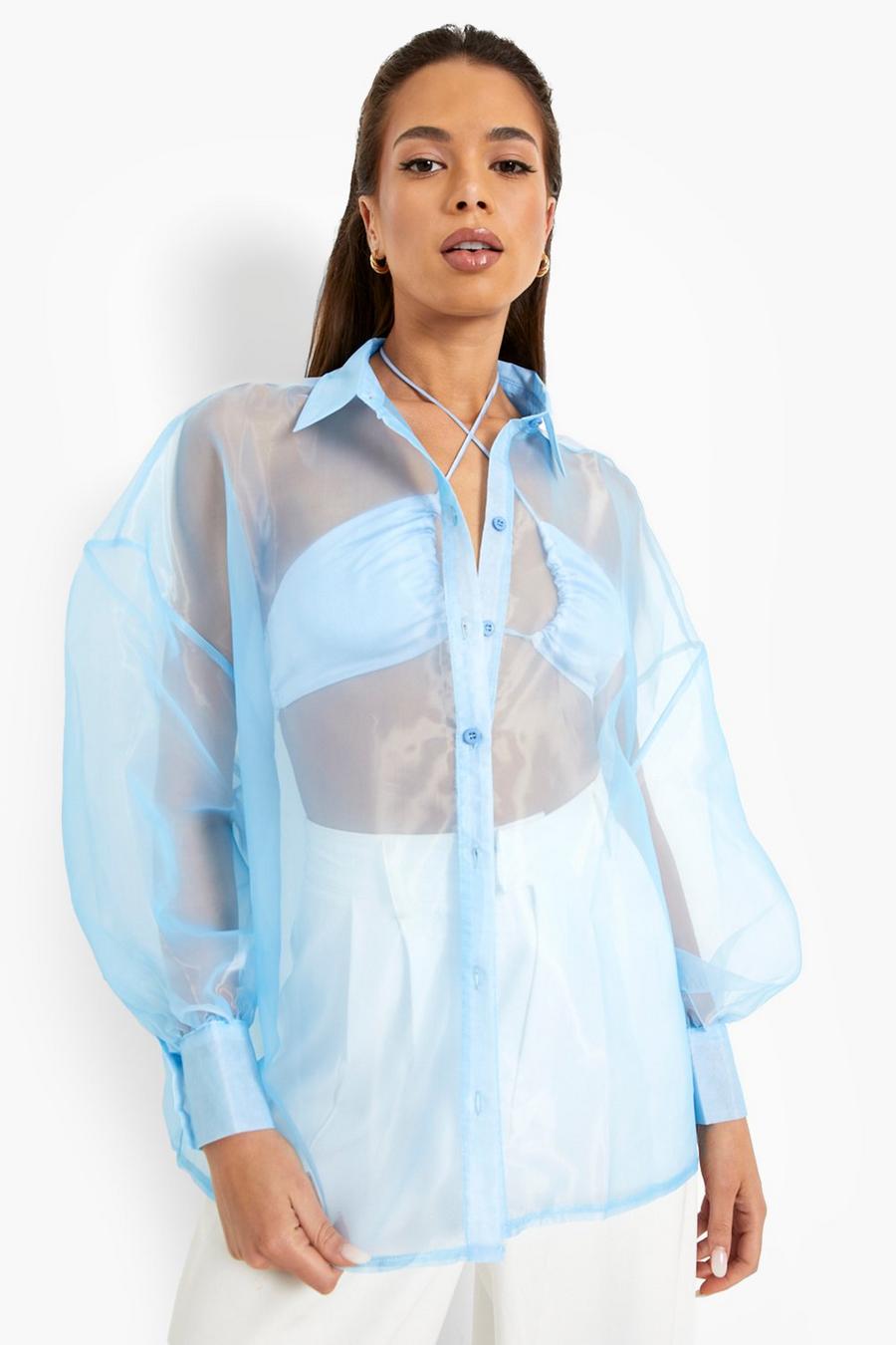 Camicia oversize in organza con bottoni, Blue image number 1
