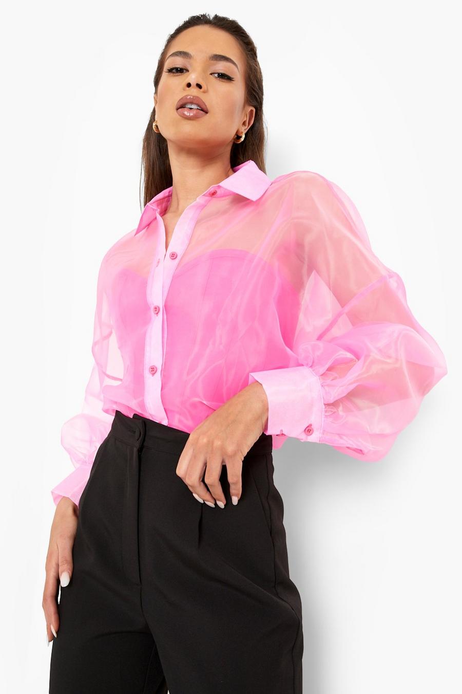 Camicia oversize in organza con bottoni, Pink image number 1