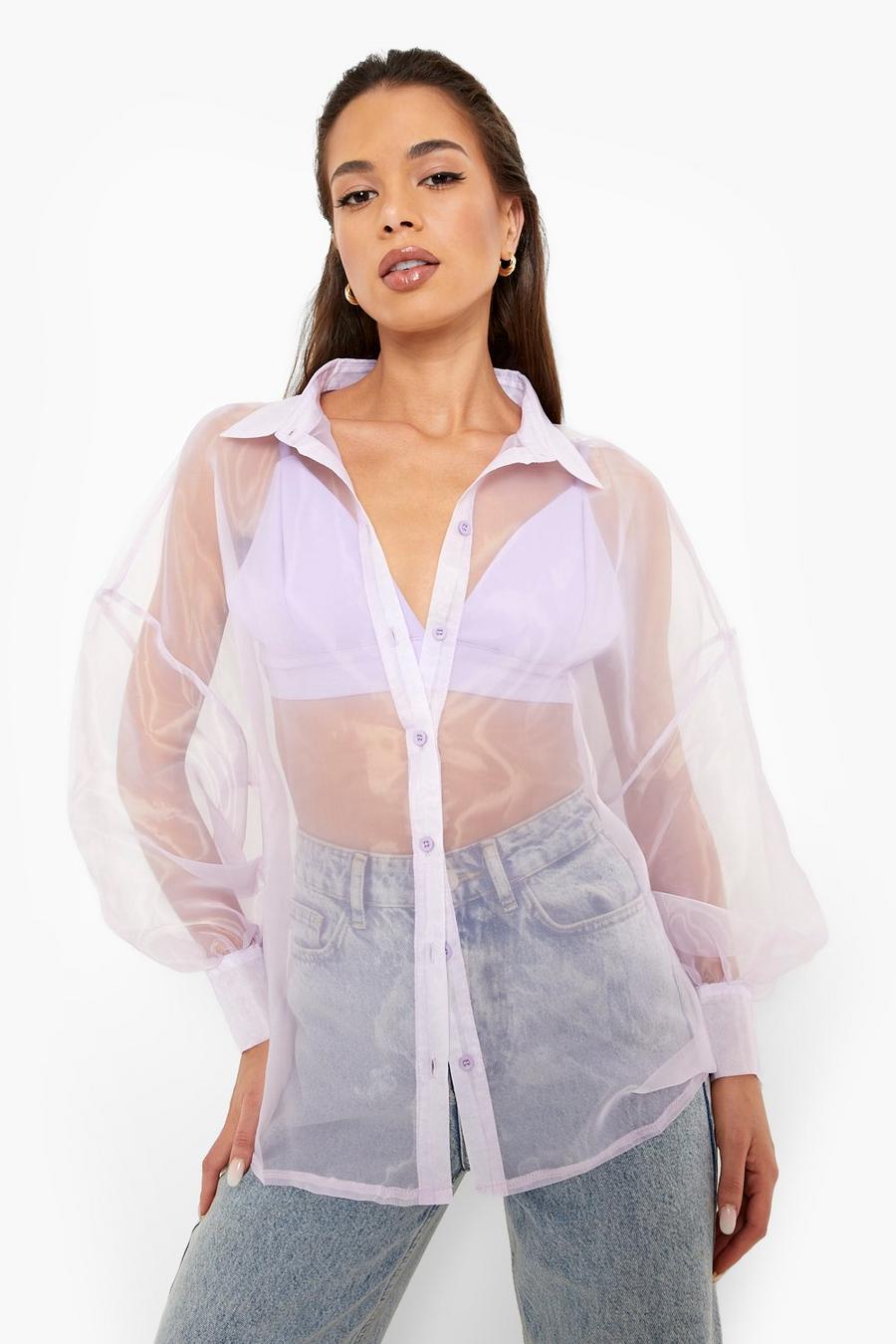 Purple Oversized Organza Button Down Shirt image number 1