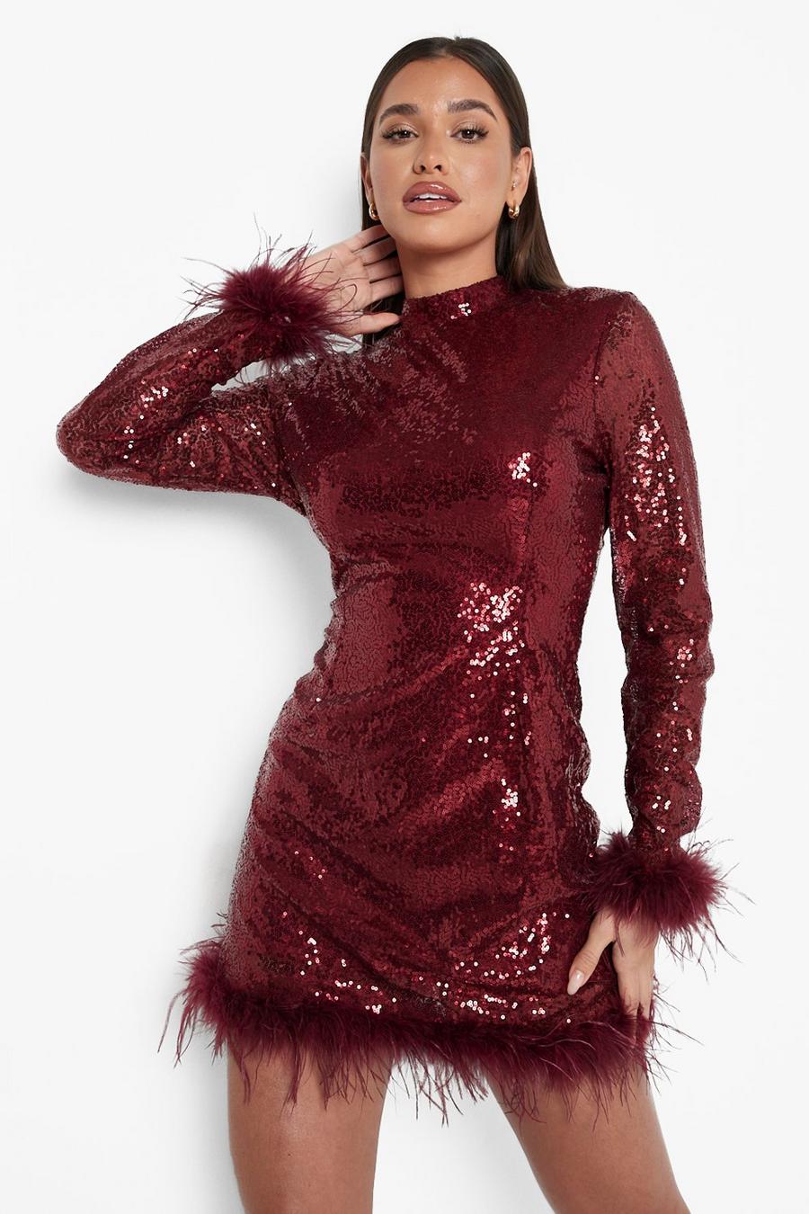 Berry Sequin High Neck Feather Hem Mini Party Dress