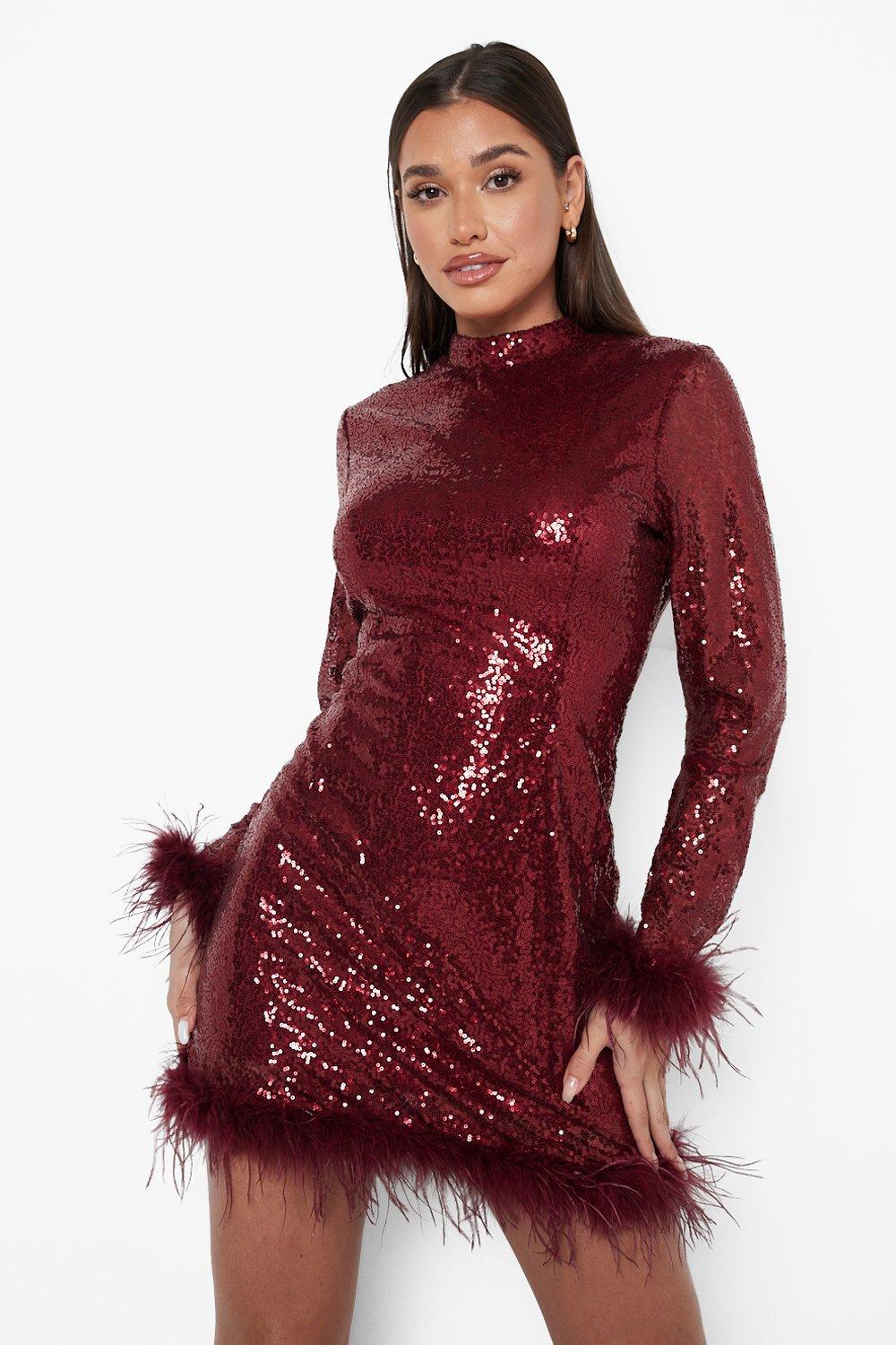 Sequin High Neck Feather Hem Mini Party Dress