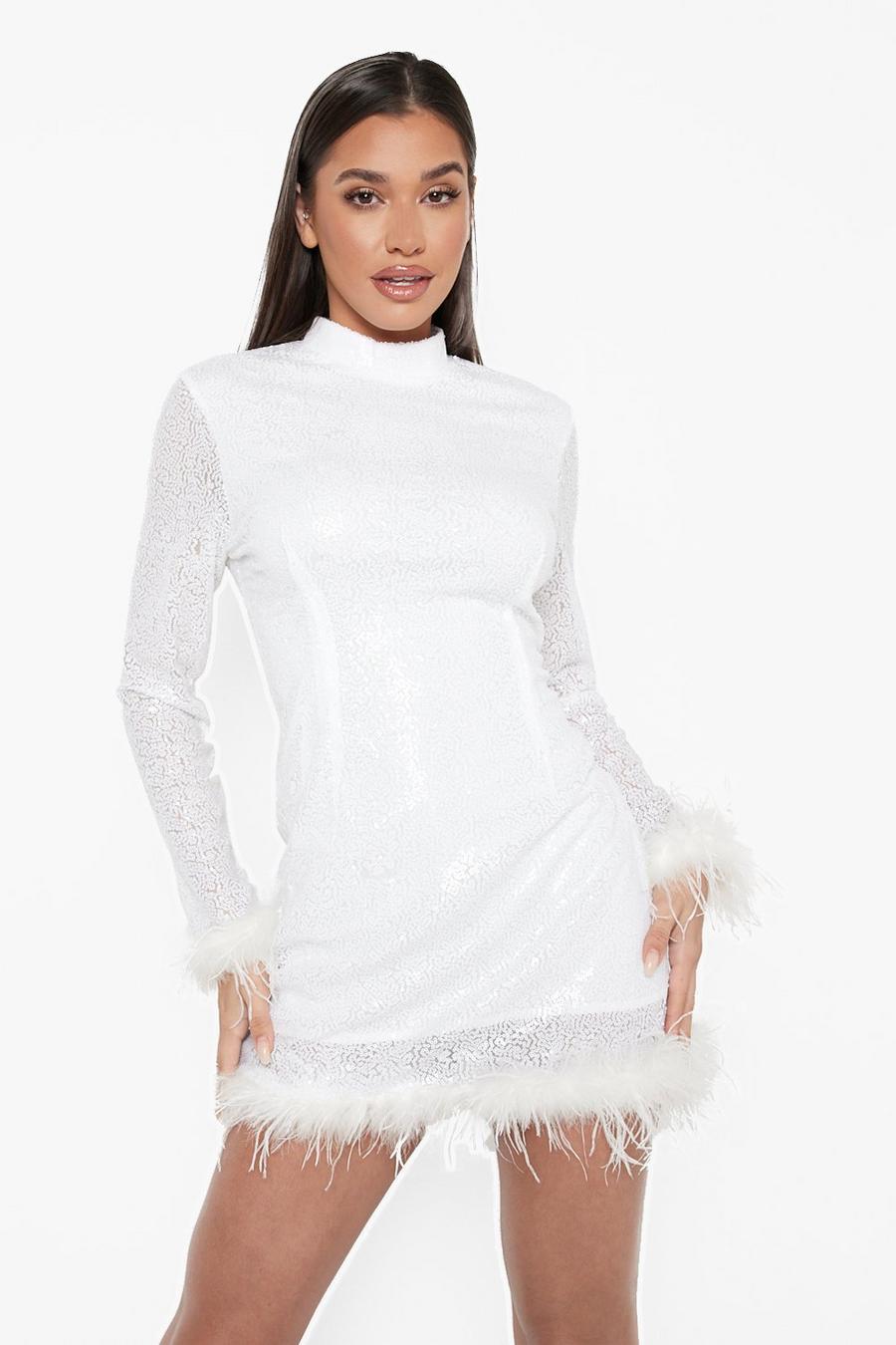 White Sequin High Neck Feather Hem Mini Dress