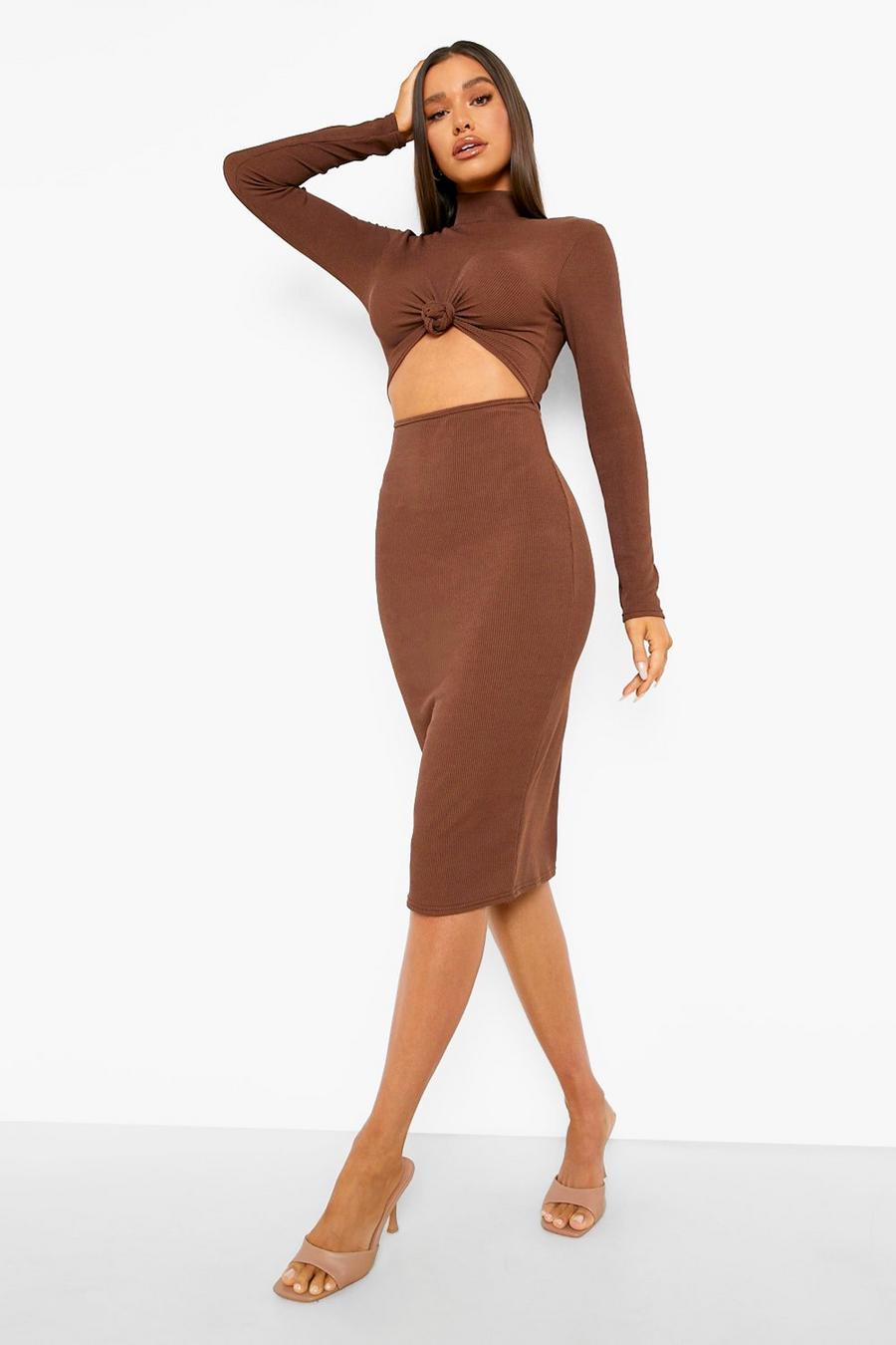 Cappucino Ribbed High Neck Knot Front Midi Dress image number 1