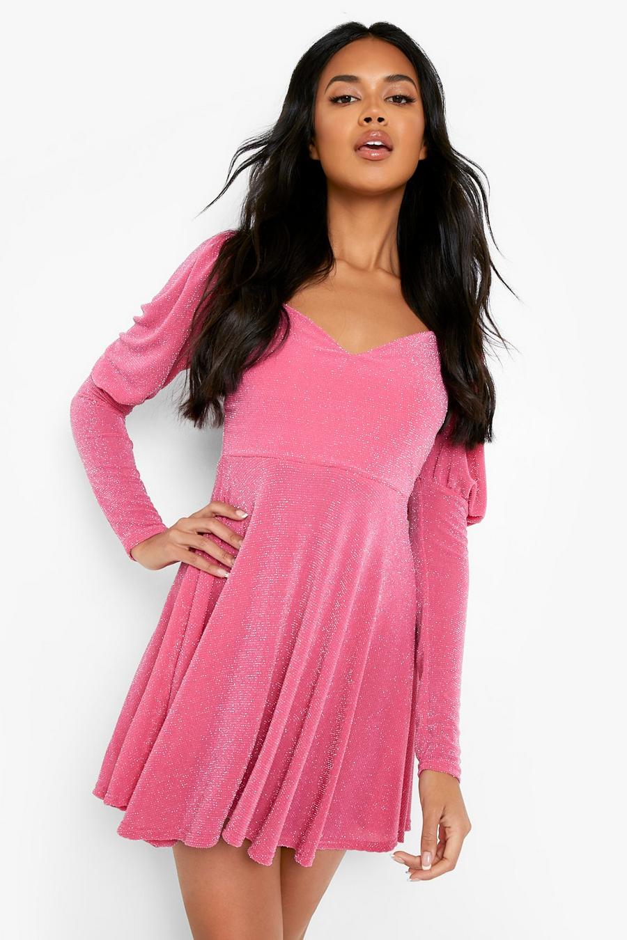 Hot pink Sparkle Puff Sleeve Skater Dress image number 1