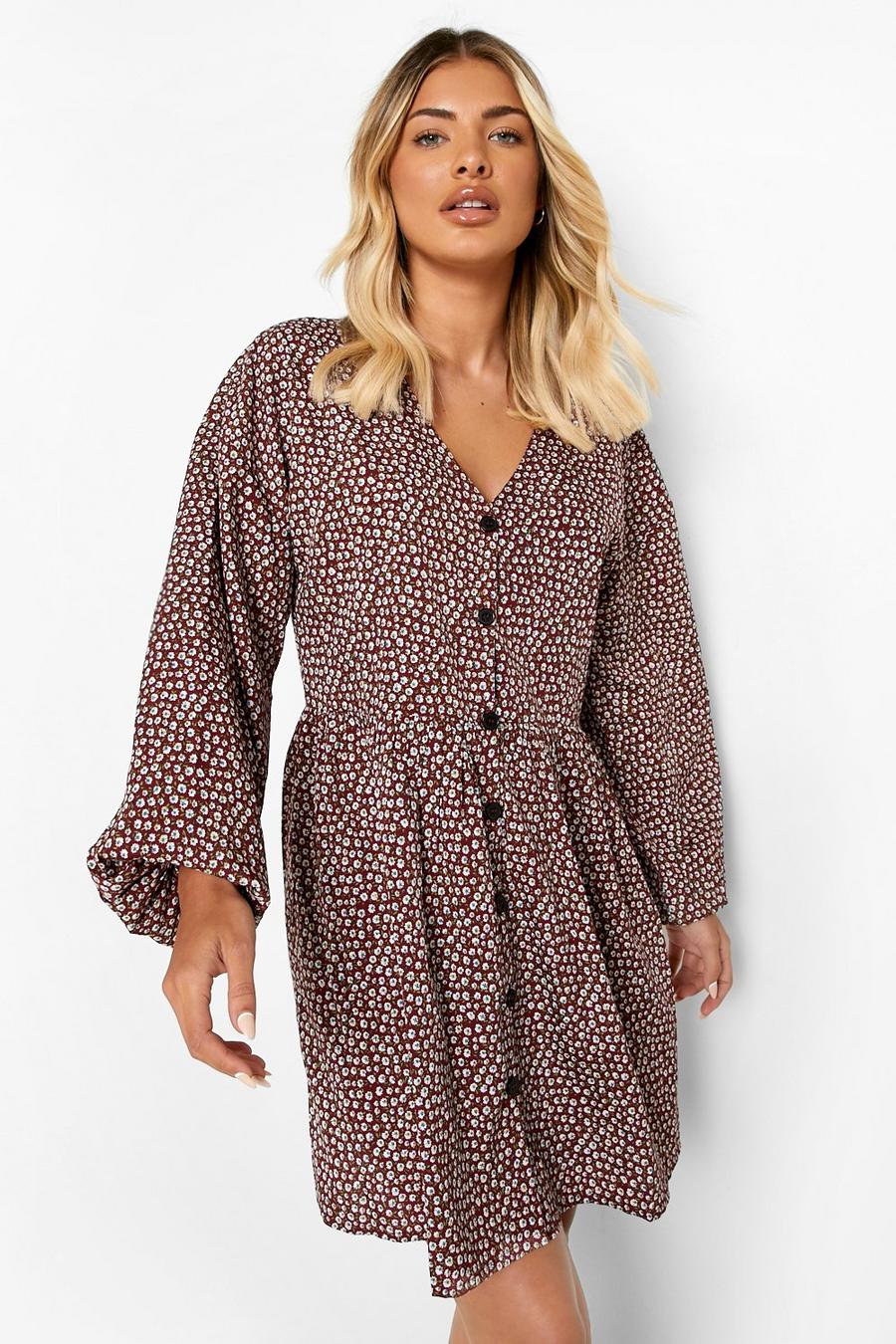 Berry Printed V Neck Button Through Smock Dress image number 1