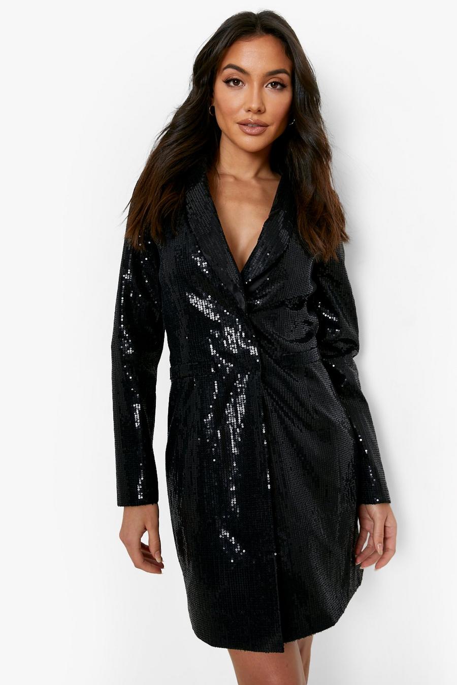 Black Sequin Long Sleeve Blazer Party Dress image number 1