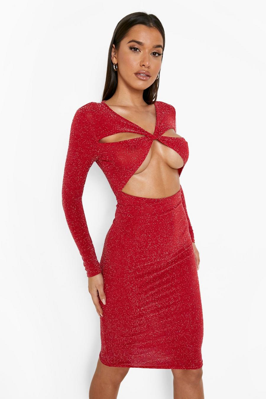 Red Sparkle Cut Out Detail Midi Dress image number 1