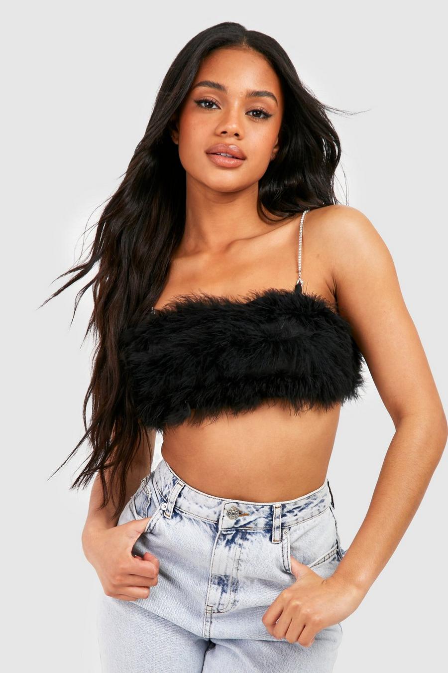 Fluffy Feather Rhinestone Denim Crop Top Fluffy Feather Rhinestone Denim Crop Top