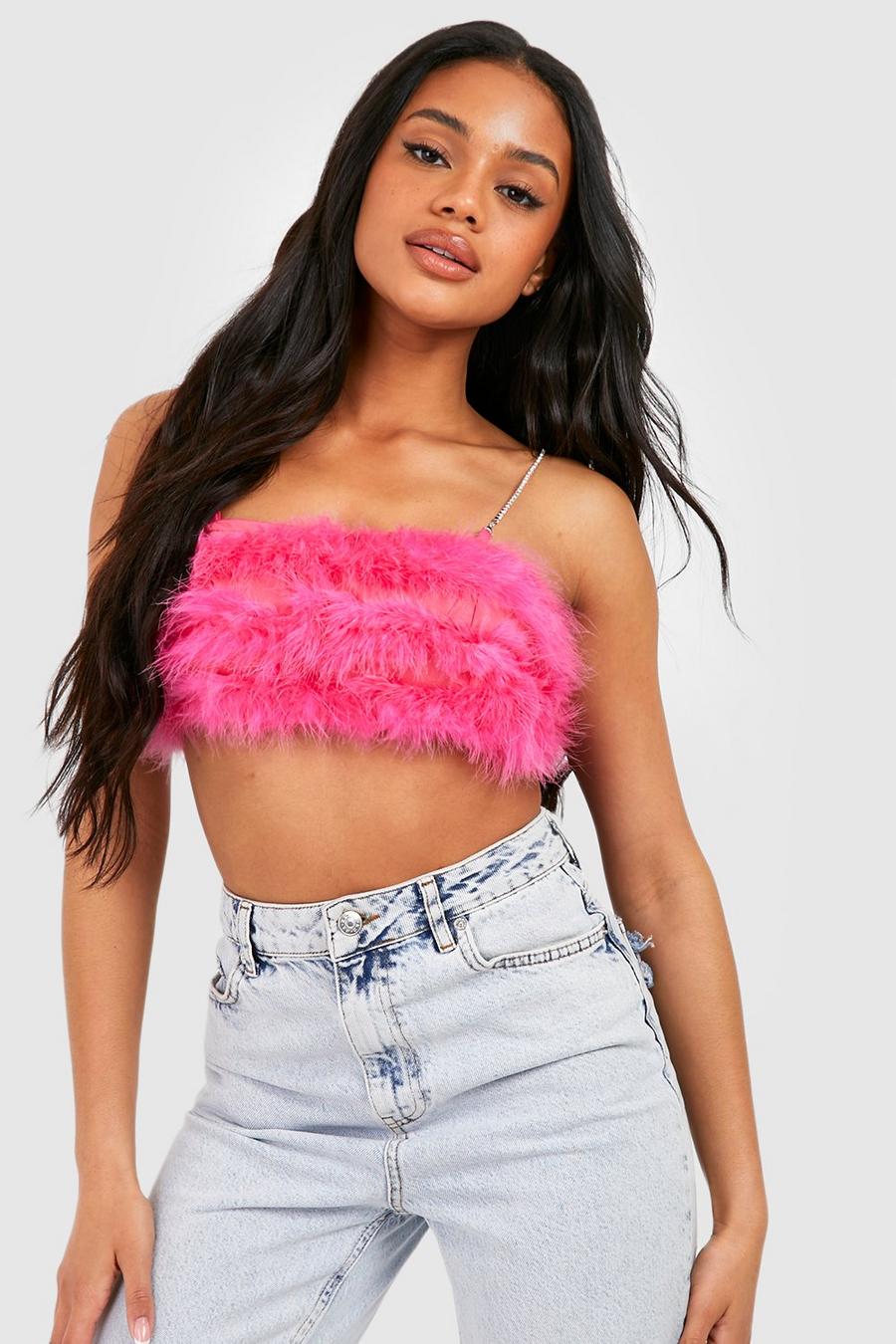Crop top con spalline, piume e strass, Pink image number 1