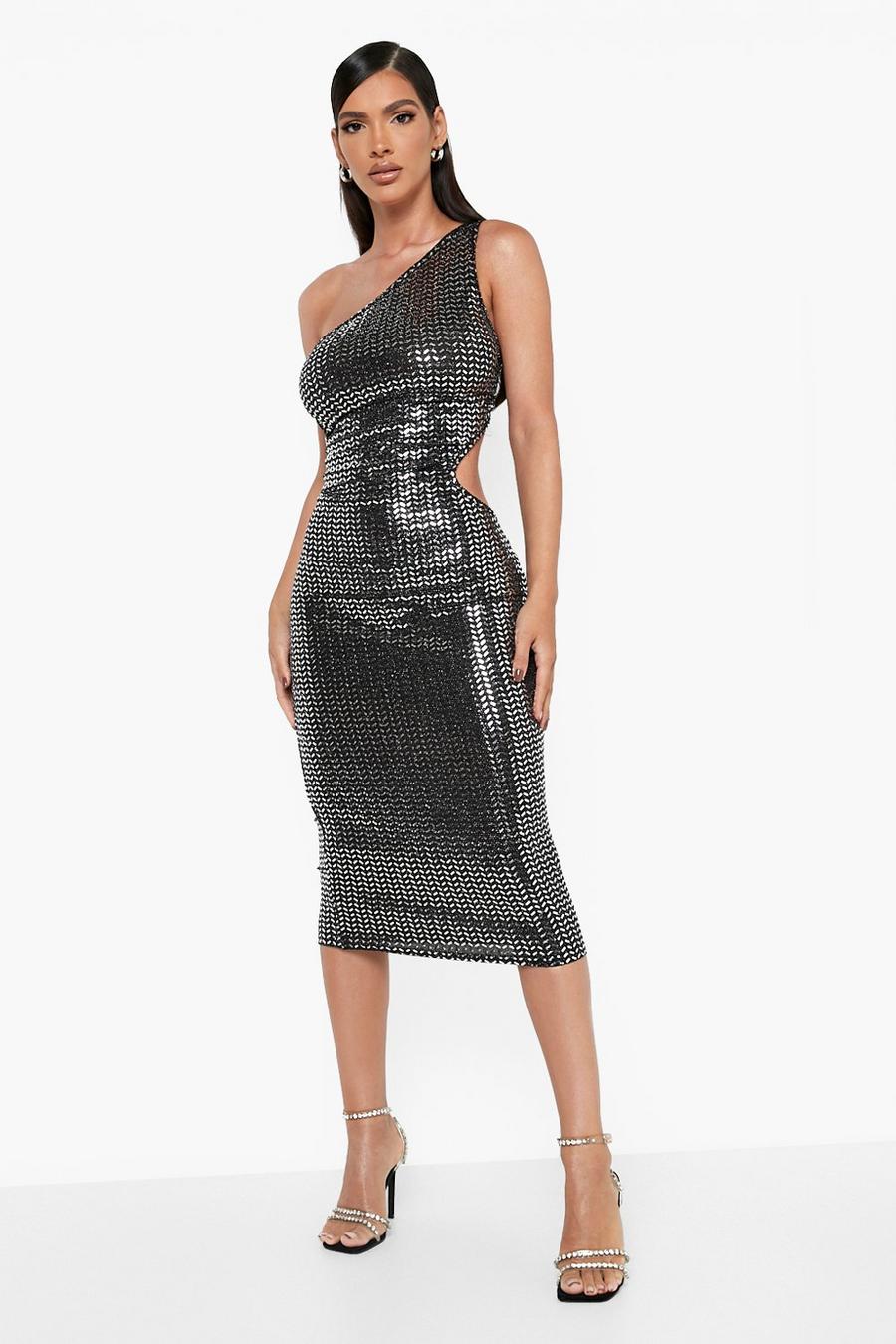 Black One shoulder-klänning med cut-out och metalliceffekt image number 1