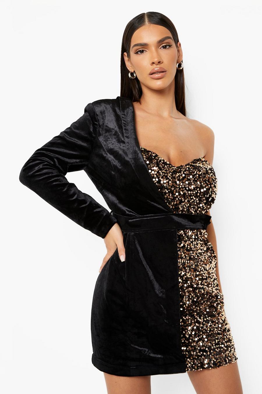 Bronze Velvet And Sequin Belted Blazer Party Dress