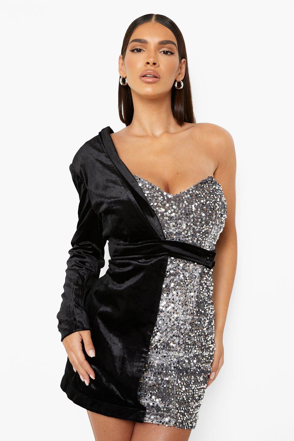 One-Shoulder Black Gold Sequin Belted Waist Party Dress One-Shoulder Black Gold Sequin Belted Waist Party Dress