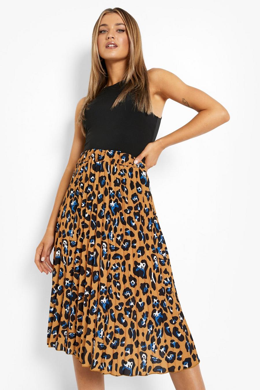 Mustard Leopard Print Pleated Midi Skirt image number 1