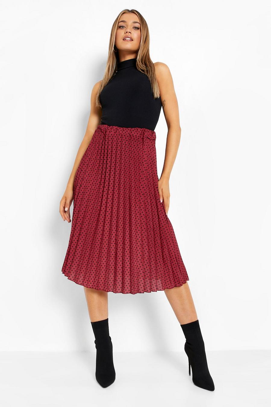 Berry Polka Dot Print Pleated Midi Skirt image number 1