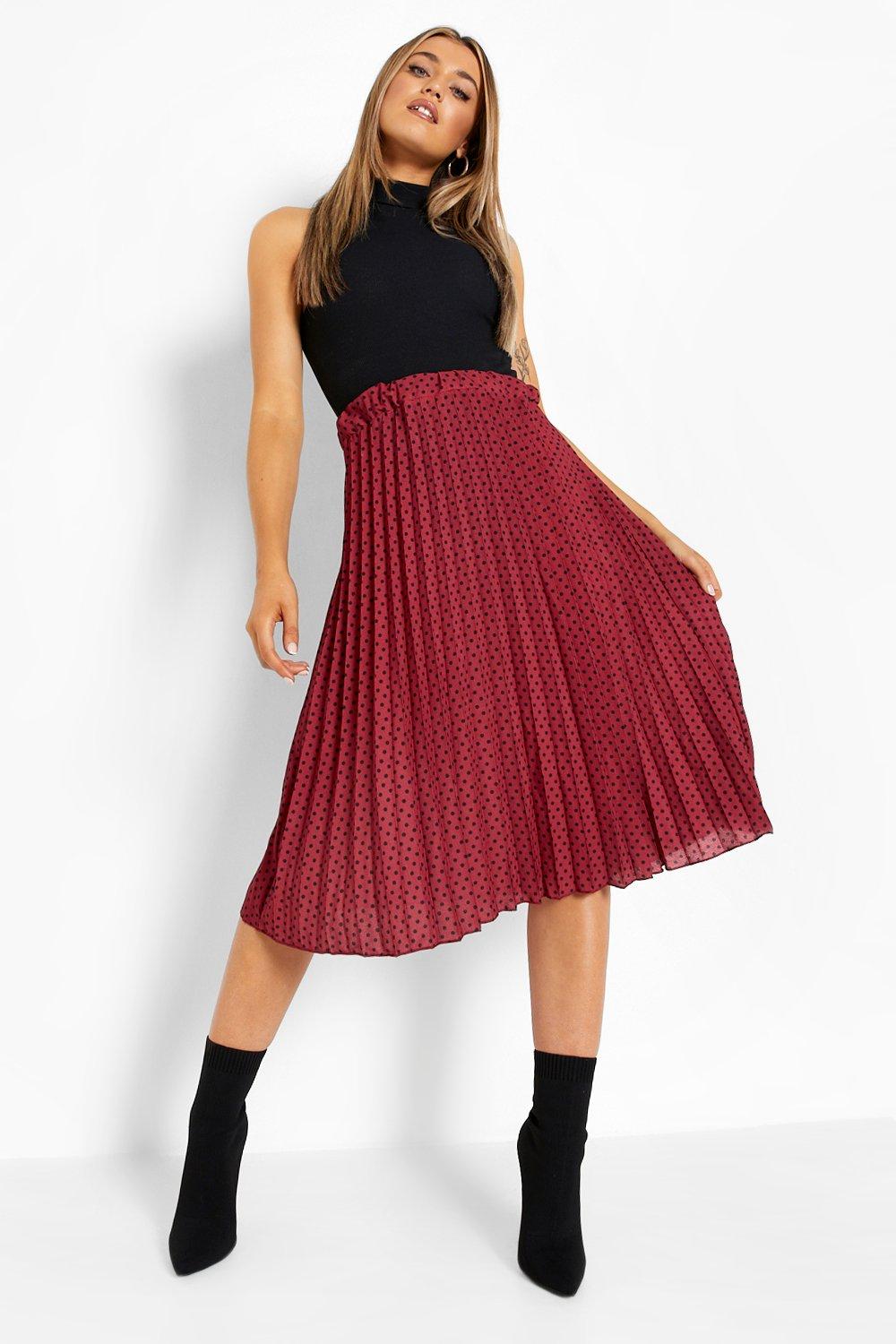 Polka Dot Print Pleated Midi Skirt boohoo NO