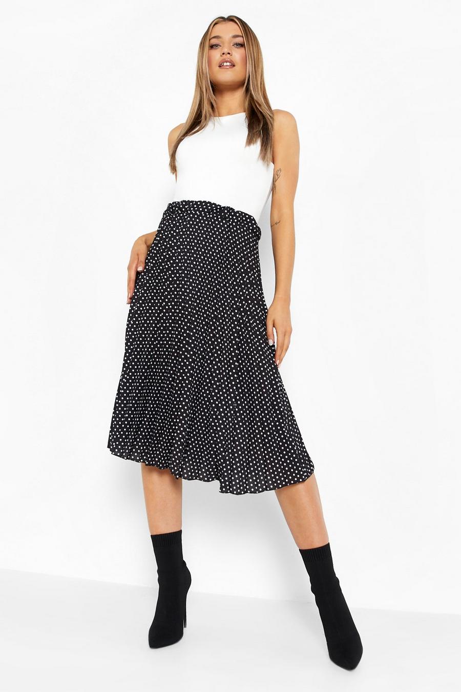 Black Polka Dot Print Pleated Midi Skirt image number 1