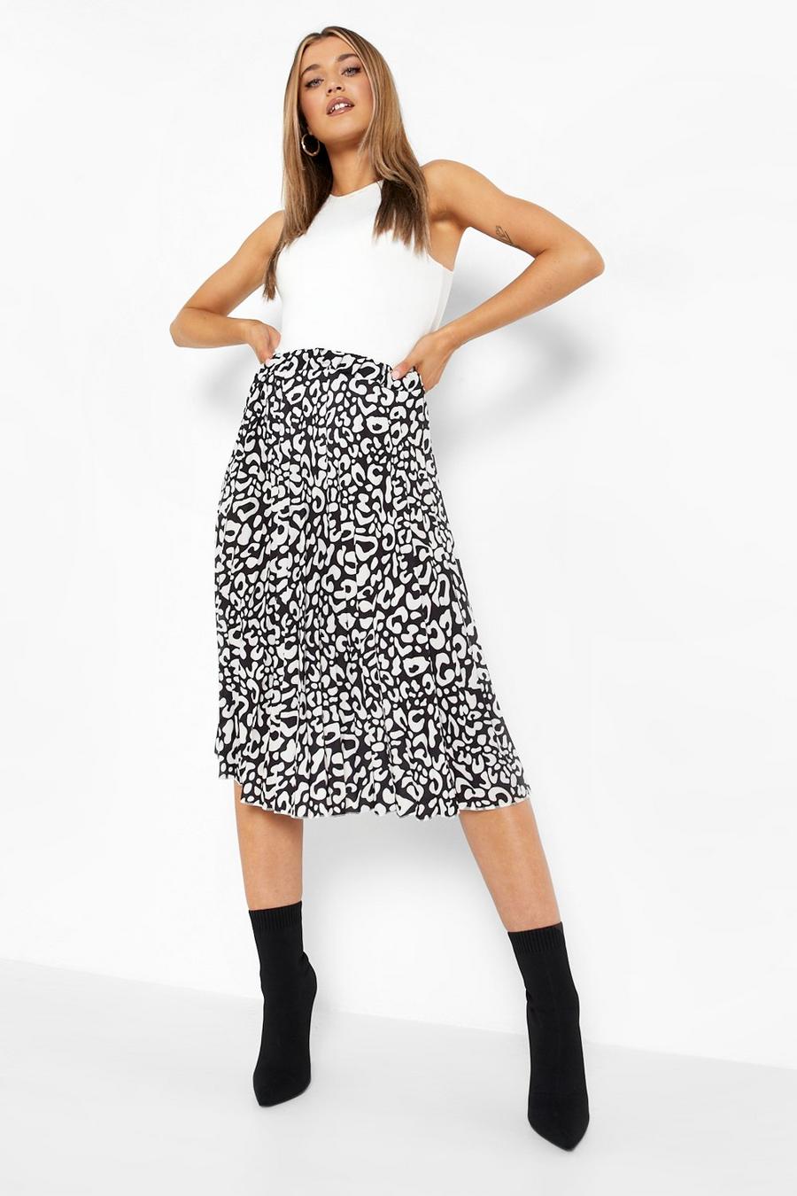 Stone Leopard Print Pleated Midi Skirt image number 1