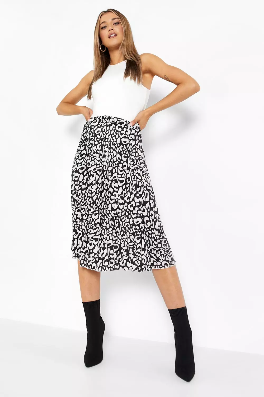 Stone Leopard Print Pleated Midi Skirt alternative image