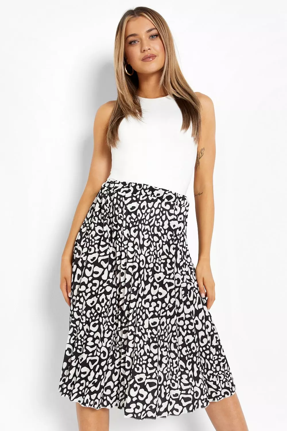 Stone Leopard Print Pleated Midi Skirt alternative image