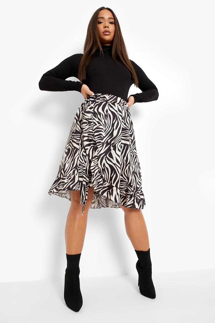 Beige Zebra Print Wrap Frill Hem Satin Midi Skirt image number 1