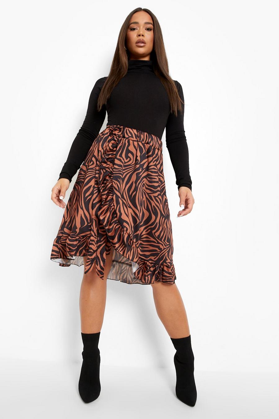 Black Zebra Print Wrap Frill Hem Satin Midi Skirt image number 1