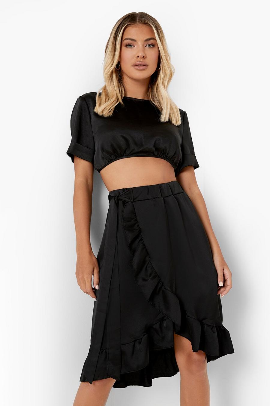 Black Wrap Frill Hem Belted Satin Midi Skirt image number 1