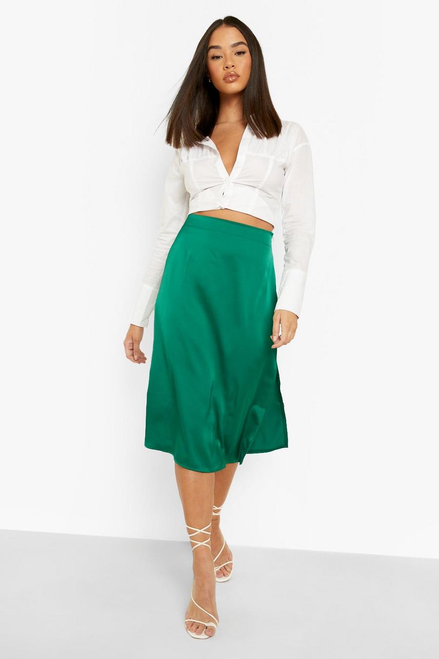Green Split Side Satin Midi Skirt image number 1